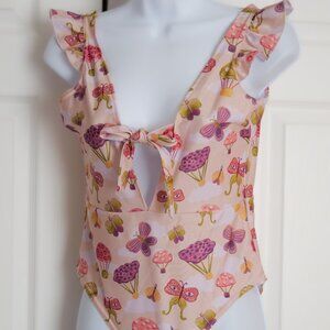 Banana Pintada Custom Ruffle-Sleeve Pink Mushroom Bodysuit Swimsuit SIZE S